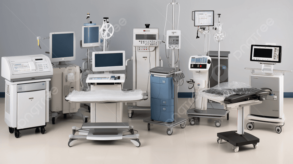 Array of hospital medical equipment including monitors, incubators, and clinical workstations